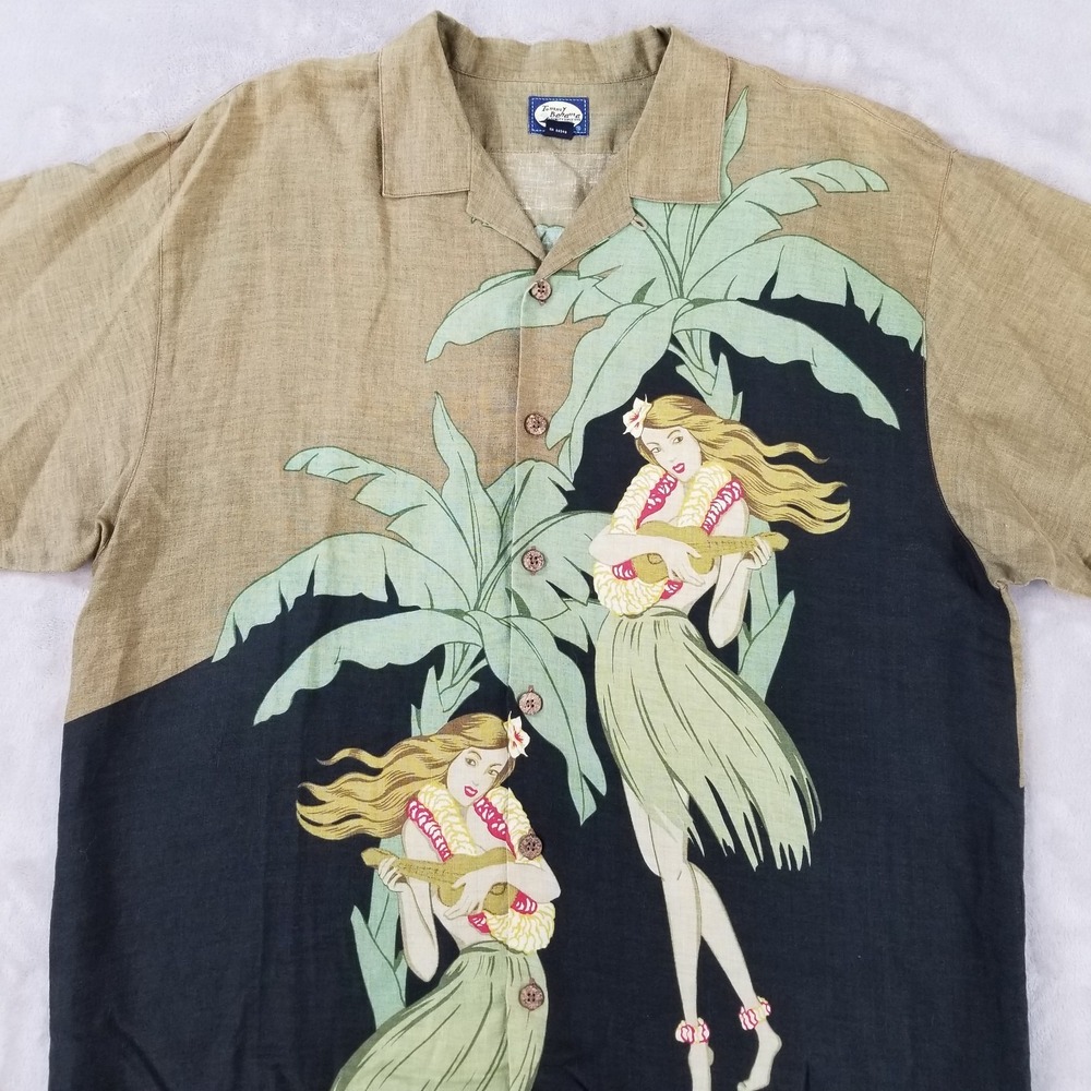 Tommy Bahama Shirt‎ Mens XL Linen Loop Collar Hula Girl Hawaiian Aloha Button